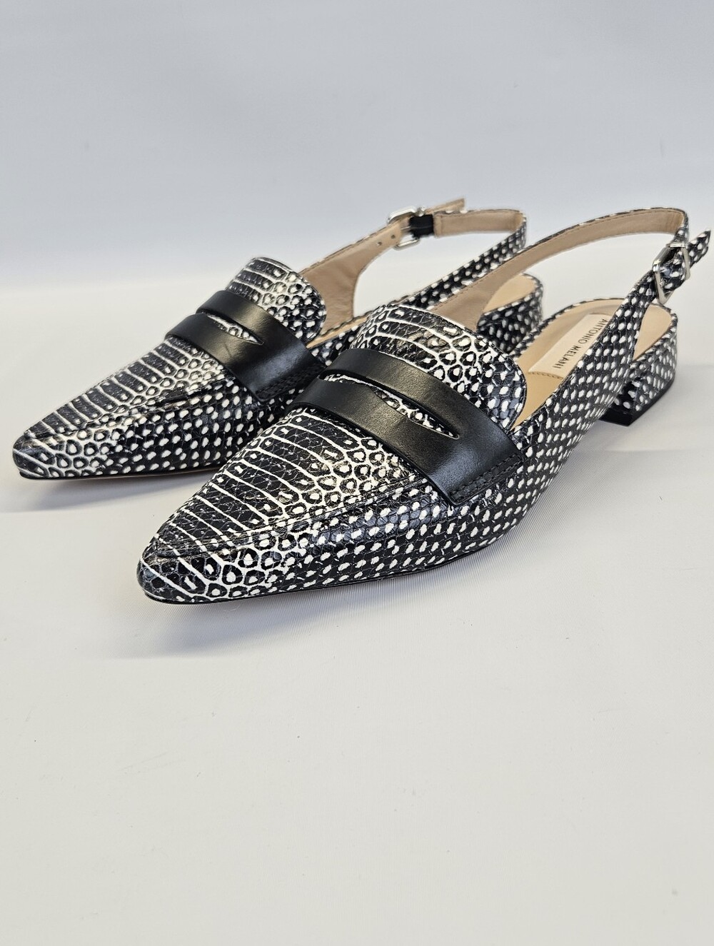 Antonio Melani Charpay Flats Sling Back Pointed Toe Black White Snake Print 8.5